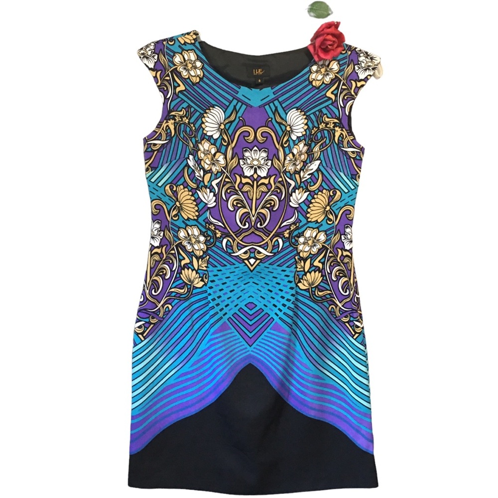ILE New York Shift Dress Floral Graphic Sz 8 Sleeveless Teal Black Purple White
